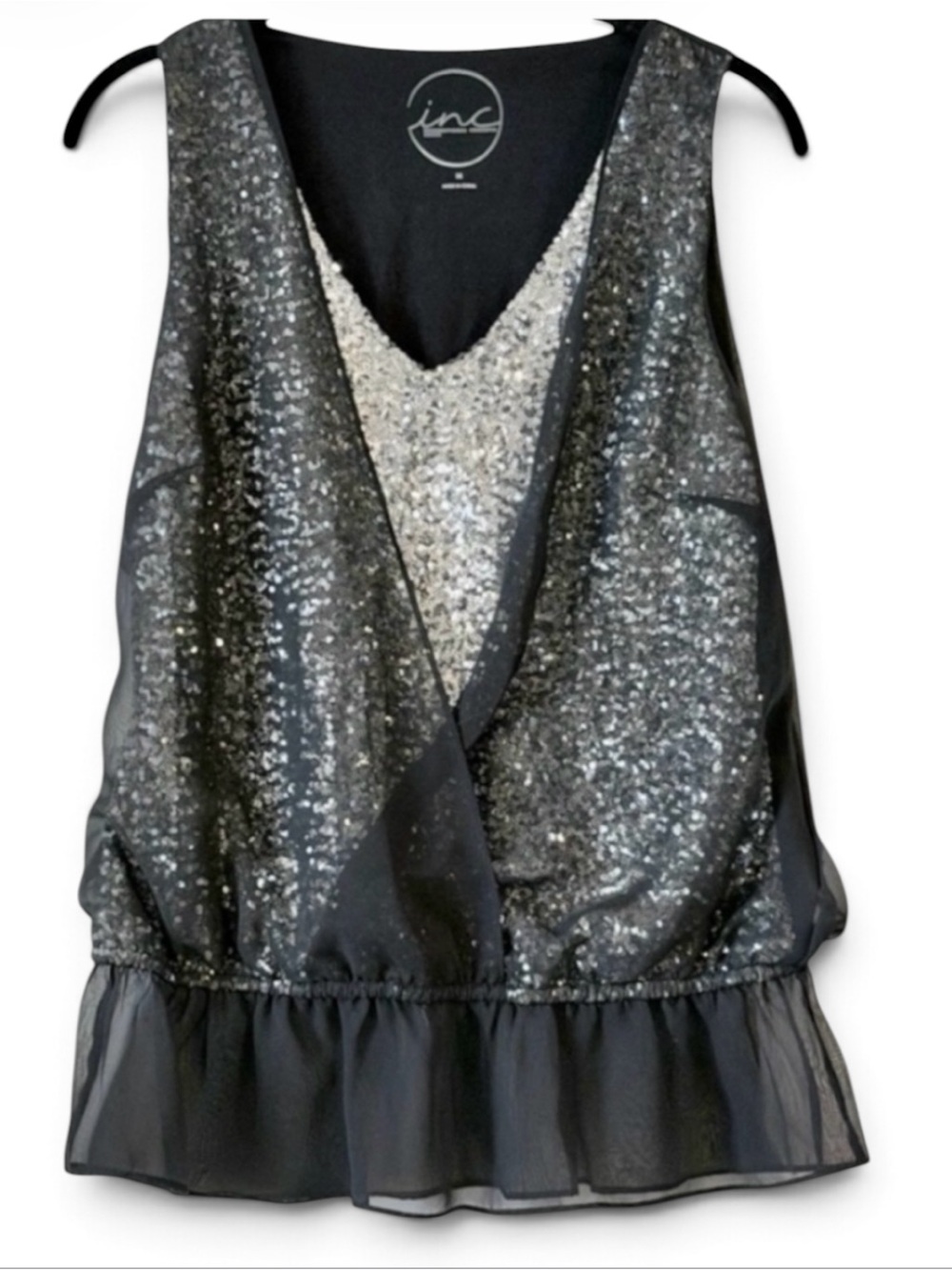 INC International Concepts Black Silver Sequin Faux Wrap Tank Top Size M